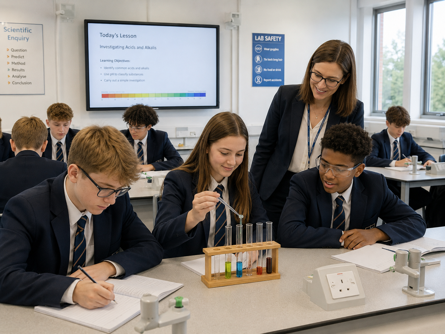 secondary school students working together on a science experiment in a bright modern lab