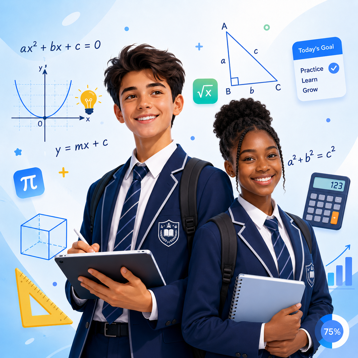 Two smiling secondary school students in navy blazers with tablets and maths symbols, ready to learn